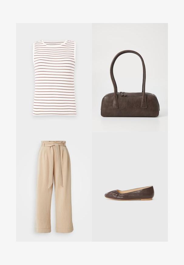 Ärmlös topp med vit bas och bruna horisontella ränder, tillverkad av mjukt tyg, med rund halsringning och figurnära passform.; Beige vida byxor med bälte i midjan, tillverkade av texturerad tyg. Har en framtill plissning och en slät finish längs hemsömmen.; Bruna läderballetskor med rund tå, rynkdetaljer framtill och en platt, ljus sula.; Brun läderhandväska med två stadiga handtag, rektangulär form, slät yta och dragkedjestängning. Minimalistisk design utan synliga mönster.