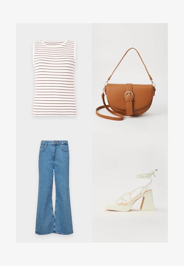 Bezsniega tops ar baltu pamatu un brūnām horizontālām svītrām, izgatavots no mīksta auduma, ar apaļu kakla izgriezumu un pieguļošu formas.; Gaiši zili, platā piegriezuma džinsi, kas izgatavoti no denima, ar augstu jostasvietu, piecām kabatām un vienu pogu. Mīksta tekstūra ar nolietotu apdari.; Baltas augstpapēžu sandales ar masīvu papēdi, ar siksnu dizainu un potītes saistītiem elementiem. Gluda tekstūra ar platformu priekšpusē, lai nodrošinātu papildu augstumu.; Brūns ādas plecu soma ar izliekta formu, zelta piederumiem un sprādzes akcentu. Iesaiņota ar noņemamu plecu siksnu.