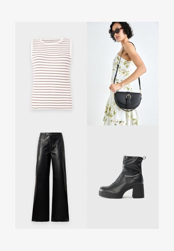 Ermeløs topp med hvit bunn og brune horisontale striper, laget av mykt stoff, med rund hals og tettsittende fasong.; Sorte høy midje vide ben bukser i imitert skinn med knapp foran, glidelås, beltehemper og sidelommer på hvit bakgrunn.; Svarte ankelstøvler laget av glatt lær, med glidelås på siden, chunky strukturert hæl, og rund tå-design.; Svart lærveske med en buet form, avtagbar stropp og gullbeslag. Vesken har et klaff med spenne-detall.