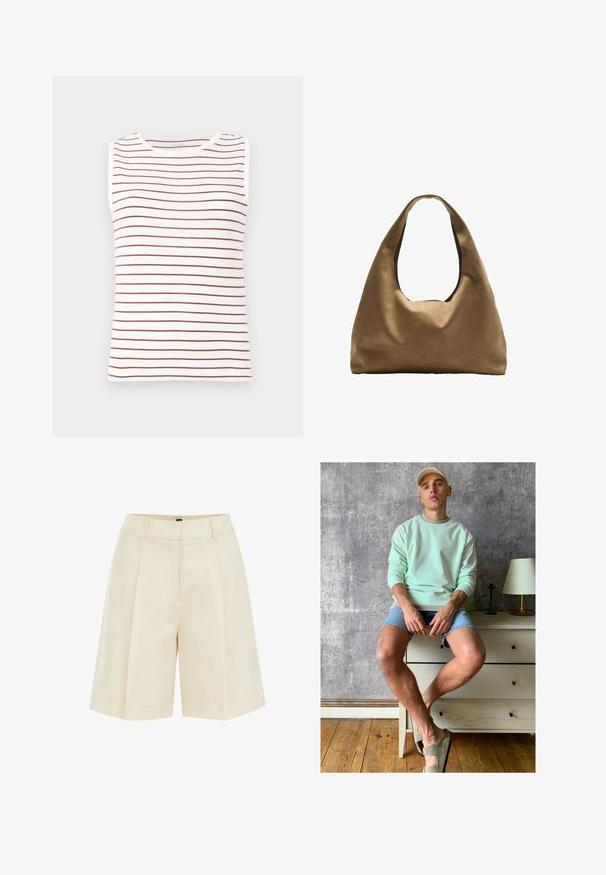 Ärmelloses Oberteil mit weißem Grund und braunen horizontalen Streifen, aus weichem Stoff, mit rundem Halsauschnitt und figurbetonter Form.; Beige, gefaltete Shorts mit einem maßgeschneiderten Design, das eine glatte Textur und seitliche Taschen aufweist. Sie sind oberhalb des Knies geschnitten und bieten eine entspannte Passform.; Mintgrüner Sweatshirt, Jeansshorts und olivgrüne Slipper. Sitzt auf einer hellen Kommode vor einer strukturierten grauen Wand.; Braune Stoffschultertasche mit einem breiten, runden Körper und einem großen Ausschnittgriff. Sanfte Textur, minimalistisches Design und keine sichtbaren Beschläge.
