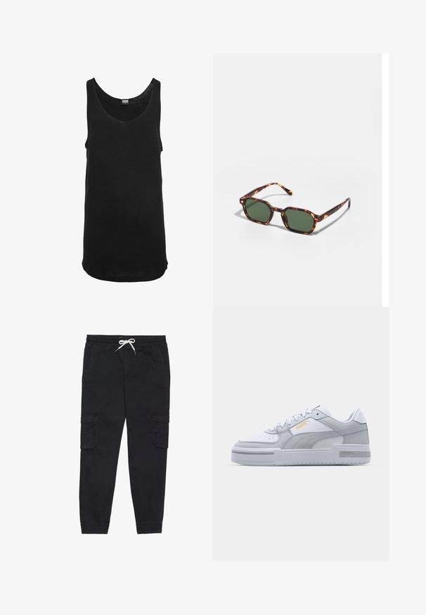 Fekete, könnyű anyagból készült tank top, kerek nyakkivágással és ujjatlan fazonnal. Egyenes aljjal és minimális varrási részletekkel rendelkezik.; Fekete vászonnadrág, rugalmas derékkal, állítható zsinórral, oldalzsebekkel és szűkített szárral.; Szürke és fehér tornacipők sima bőr felsőrésszel, perforált orral, fűzős záródással, texturált díszítéssel és egy diszkrét arany logóval.; Tortoise mintás napszemüveg zöld lencsékkel, nyolcszögletű kialakítással és vékony, ívelt karokkal. Az anyag fényes felületű.