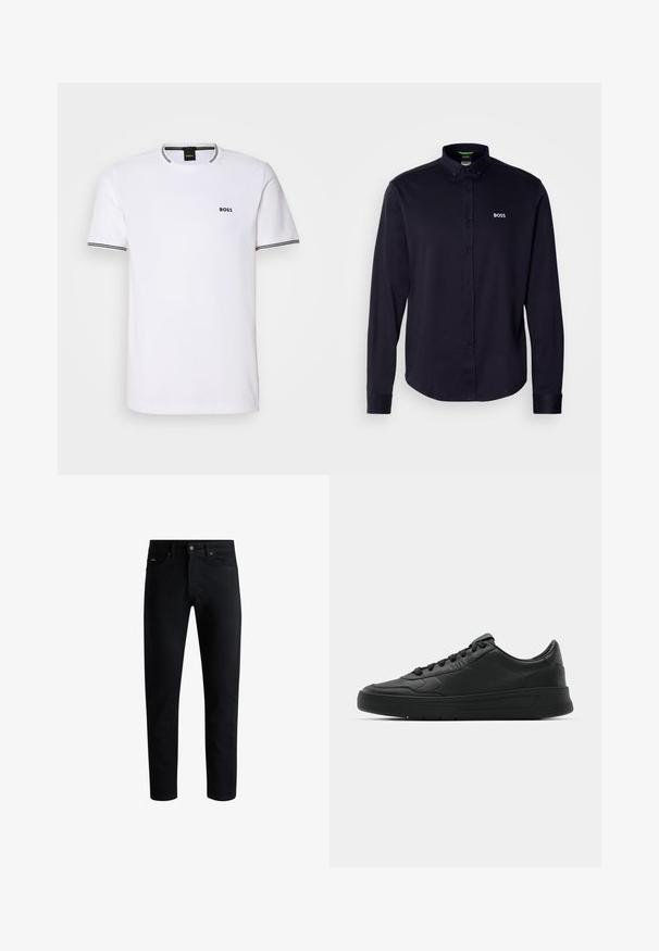 Bílý tričko s krátkými rukávy s černým lemováním kolem límce a rukávů. Na levé části hrudi se nachází malé černé logo "BOSS".; Námořnická košile s dlouhým rukávem a límečkem, s bílým logem "BOSS" na hrudi, vyrobená z hladké texturované látky.; Černé slim-fit džíny s pěti kapsami, zapínáním na knoflík a poutek na opasek, vystavené na bílém pozadí.; Černé tenisky s hladkým koženým svrškem, kulatou špičkou, plochými tkaničkami, polstrovaným límcem a minimalistickým designem. Gumová podrážka s jemným vzorkem.