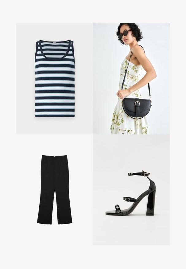 Canotta a righe blu navale e azzurro. Presenta una texture a coste, scollo rotondo e spalline larghe.; Pantaloni neri a gamba dritta, con tasche frontali e spacchi laterali all'orlo. Realizzati in tessuto morbido e liscio. Adatti a diverse occasioni.; Sandali con tacco in vernice nera, con punta squadrata, cinturini alla caviglia e fibbie in argento. Presentano un tacco a blocco spesso per maggiore stabilità.; Borsa a tracolla nera in pelle con una forma curva, manico rimovibile e accessori dorati. La borsa presenta una patta con un dettaglio a fibbia.