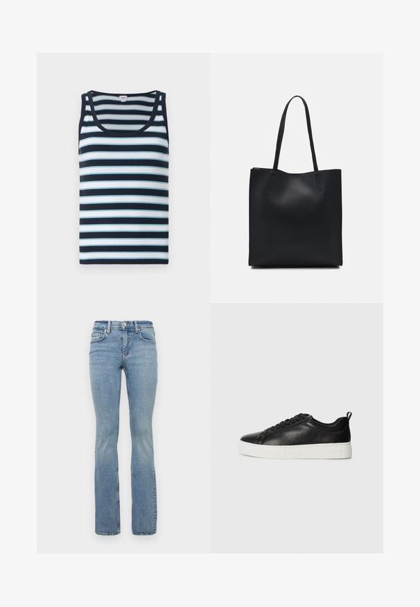 Gestreifter Tanktop in Marineblau und Hellblau. Verfügt über eine gerippte Textur, einen runden Halsausschnitt und breite Schulterträger.; Helle blaue Denim-Jeans im Schlagstil mit mittlerer Taille, fünf Taschen, Gürtelschlaufen und subtiler Auswaschung an den Oberschenkeln.; Schwarze niedrige Leder-Sneaker mit schwarzen Schnürsenkeln und dicker weißer Gummisohle, von der Außenseite auf weißem Hintergrund betrachtet.; Schwarze Laptoptasche aus Leder mit glatter Textur, rechteckiger Form und zwei langen Griffen. Keine sichtbaren Beschläge oder Verzierungen.