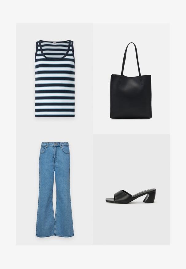 Raidallinen hihaton paita tummansinisessä ja vaaleansinisessä. Ominaisuuksiin kuuluu ribbitekstuuri, pyöreä kaula-aukko ja leveät olkaimet.; Vaaleansiniset leveälahkeiset farkut, joissa on korkea vyötärö, viisi taskua ja yksi napin sulkeminen. Pehmeä pinta, jossa on haalistunut viimeistely.; Musta kiilakorko sandaali, jossa on sileä tekonahka yläosa, avonainen varvas muotoilu ja erottuva kulmikas korko. Minimalistinen neliönmuotoinen pohja.; Mustapahkainen kangaskassi, jossa on sileä pinta, suorakaiteen muotoinen ja kaksi pitkää kahvaa. Ei näkyvää metalliosaa tai koristeita.