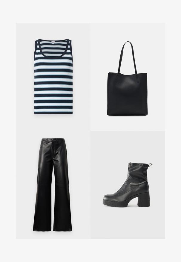 Gestreifter Tanktop in Marineblau und Hellblau. Verfügt über eine gerippte Textur, einen runden Halsausschnitt und breite Schulterträger.; Schwarze leichte, weit geschnittene, hochtaillierte Kunstlederhose mit vorderem Knopf, Reißverschluss, Gürtelschlaufen und Seitentaschen auf weißem Hintergrund.; Schwarze Stiefeletten aus glattem Leder mit seitlichem Reißverschluss, klobigem strukturiertem Absatz und runder Zehenform.; Schwarze Laptoptasche aus Leder mit glatter Textur, rechteckiger Form und zwei langen Griffen. Keine sichtbaren Beschläge oder Verzierungen.