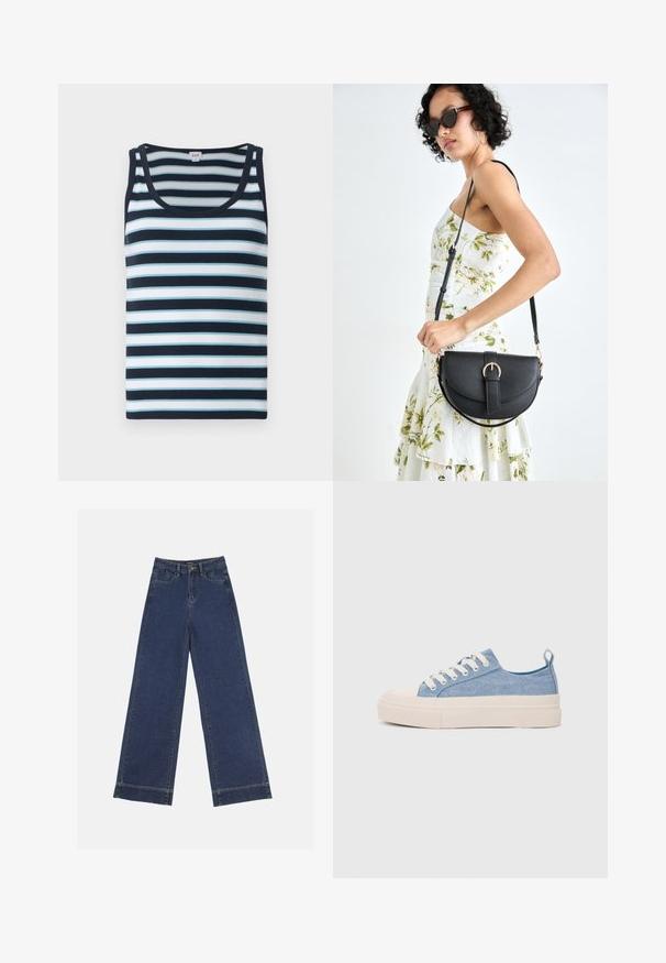 Débardeur rayé en bleu marine et bleu clair. Présente une texture côtelée, un col rond et des bretelles larges.; Jeans à jambes larges en denim bleu foncé. Comprend cinq poches, des passants de ceinture et un ourlet brut en bas avec des détails de couture visibles.; Baskets en toile bleu clair avec une coque en caoutchouc crème et une semelle extérieure, dotées de lacets blancs et d'une languette au talon.; Sac à main en cuir noir avec une forme courbée, bandoulière amovible et des accessoires en or. Le sac est doté d'un rabat avec un détail de boucle.