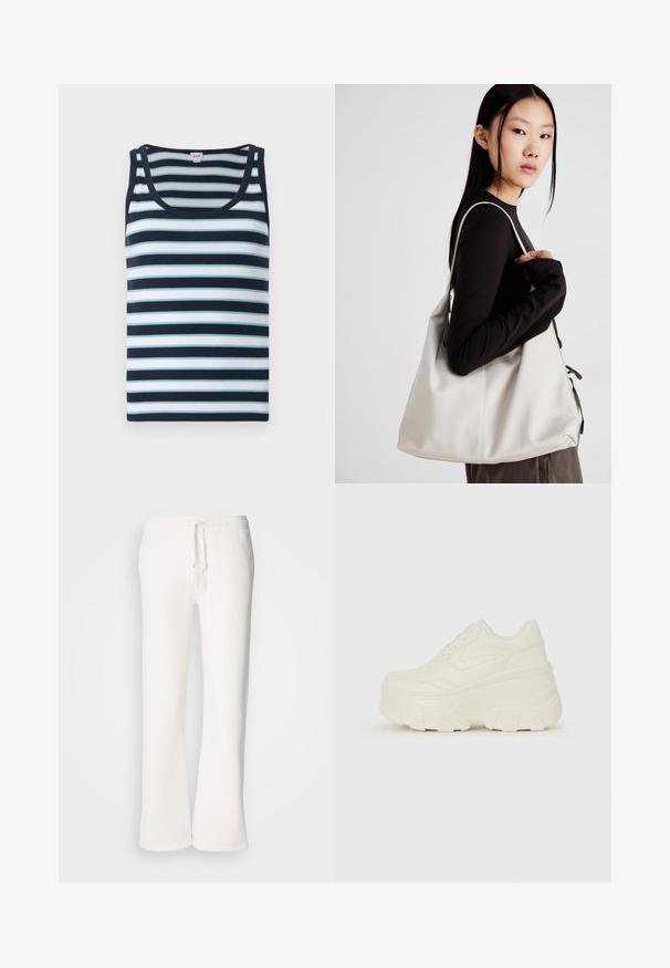 Striped tank top in navy blue and light blue. Features a ribbed texture, round neckline, and wide shoulder straps.; White, relaxed-fit sweatpants made of soft fabric, featuring an elastic waistband with a drawstring and straight-leg design.; White platform sneakers featuring a smooth leather-like upper, rounded shape, padded collar, and textured rubber sole with defined treads.; Beige handbag made of soft material, featuring a slouchy design, stitched detailing, and two shoulder straps. Suitable for everyday use.