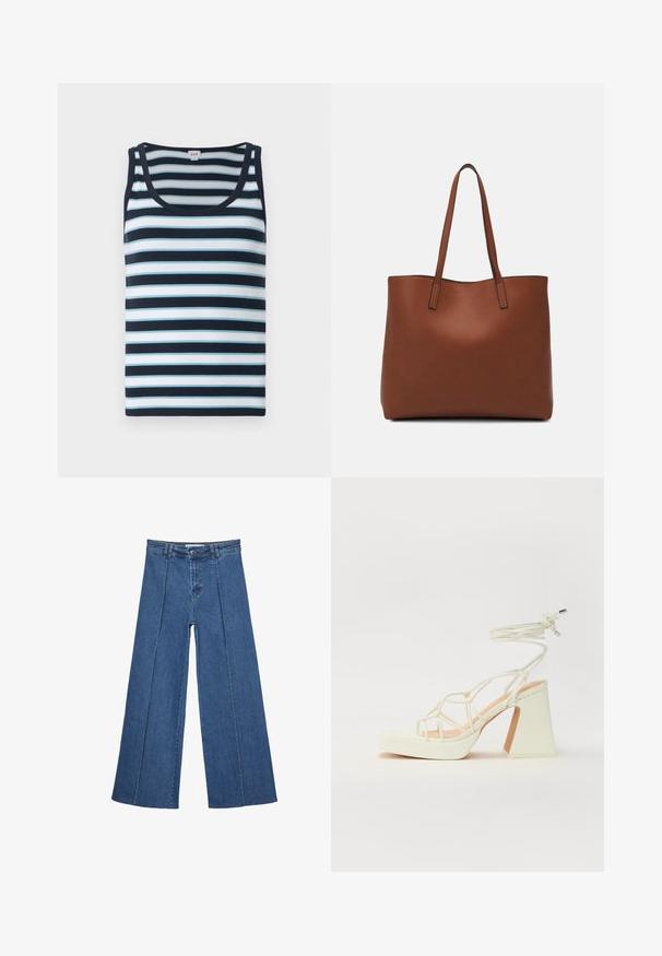 Canotta a righe blu navale e azzurro. Presenta una texture a coste, scollo rotondo e spalline larghe.; Jeans in denim a gamba larga di blu medio, con vita alta, chiusura con bottone e dettagli delle cuciture verticali a contrasto lungo la parte anteriore.; Sandalo bianco con tacco alto, caratterizzato da un design a cinturini e un legaccio alla caviglia. Texture liscia con una piattaforma frontale per un'altezza aggiuntiva.; Borsa tote in pelle marrone con texture liscia, design con apertura superiore e due spallacci. Presenta cuciture minime e nessun hardware visibile.