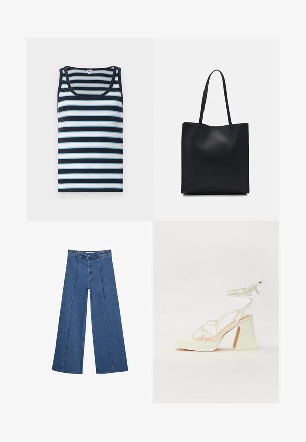 Gestreept tanktop in marineblauw en lichtblauw. Heeft een geribbelde structuur, ronde halslijn en brede schouderbanden.; Brede denim jeans in medium blauw, met een hoge taille, knoopsluiting en contrasterende verticale naden aan de voorkant.; Witte hoge hakken sandaal met een chunky hak, met een bandjesontwerp en enkelband. Gladde textuur met een plateau voor extra hoogte.; Zwarte leren handtas met een gladde textuur, rechthoekige vorm en twee lange handvaten. Geen zichtbare hardware of versieringen.