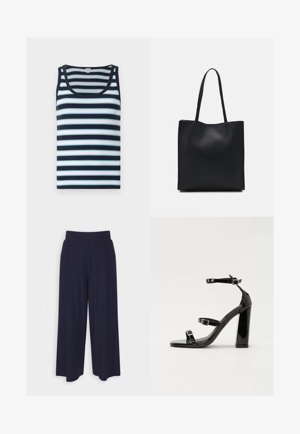Pruhovaný top s tankovým strihom v námorníckej modrej a svetlomodrej farbe. Obsahuje rebrovanú textúru, okrúhly výstrih a široké ramenné popruhy.; Široké nohavice z tmavomodrej látky s ribbovanou textúrou. Obsahujú hladký pás a voľný siluetu, s dĺžkou po stred lýtok.; Čierne lakované sandále na podpätku so štvorcovou špičkou, navlečenými remienkami okolo členku a striebornými prackami. Disponujú masívnym blokovým podpätkom pre stabilitu.; Čierna kožená taška na rameno s hladkým povrchom, obdĺžnikovým tvarom a dvoma dlhými uchami. Bez viditeľného kovania alebo ozdôb.
