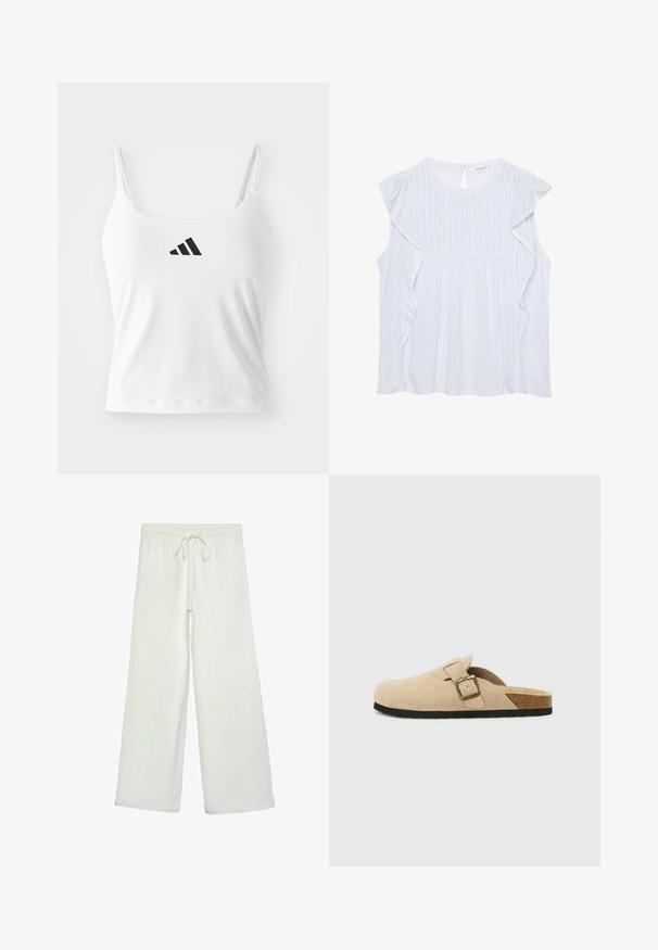Biały top z cienkimi ramiączkami, z czarnym logo adidas z przodu. Materiał ma gładką teksturę i dopasowany krój.; Jasnoniebieska bluzka w paski z okrągłym dekoltem, falbaniastymi ramionami i wycięciem na plecach. Materiał jest miękki i lekki.; Białe spodnie o szerokich nogawkach wykonane z miękkiego materiału. Posiadają elastyczny pas ze sznurkiem i gładką teksturę. Brak widocznych wzorów lub elementów metalowych.; Beżowe zamszowe klapki z korkową wkładką, zaokrąglonym noskiem i prostym paskiem z złotym zapięciem. Gumowa podeszwa zapewniająca przyczepność.