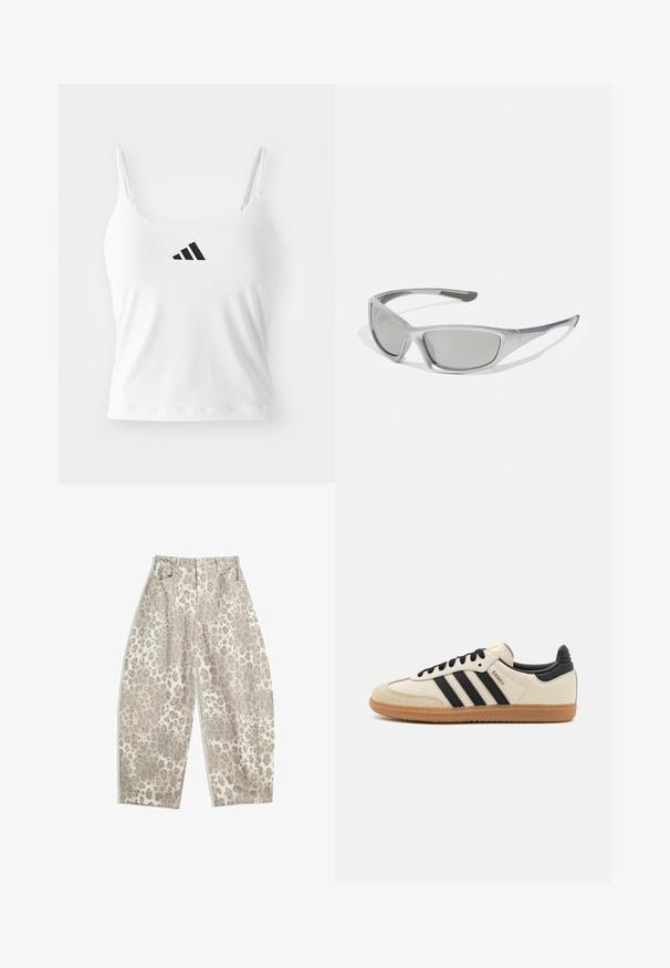 Top bianco a canotta con spalline sottili, caratterizzato da un logo adidas nero sul davanti. Il tessuto ha una consistenza liscia e una silhouette aderente.; Pantaloni a stampa leopardata in un colore beige chiaro, con un design a vita alta, gambe larghe e due tasche frontali. Realizzati in un tessuto morbido.; Scarpa sportiva beige con strisce nere, suola in gomma naturale e dettagli neri. Presenta una tomaia in pelle liscia e un design a punta arrotondata.; Occhiali da sole grigi con una montatura in plastica sleek e leggera. Presentano lenti grigie a specchio e dettagli laterali testurizzati per una presa migliorata.; Borsa adidas nera e argento con una texture liscia, caratterizzata da un motivo borchiato lucido e un design curvo distintivo.