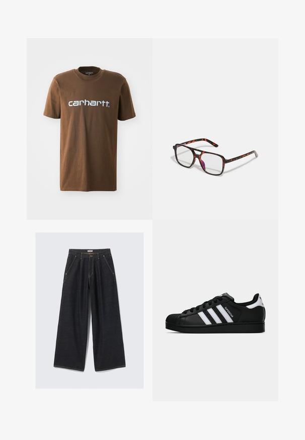 Brun bomulds t-shirt med korte ærmer, med en hvid "carhartt" logo trykt over brystet. Standard crew neck design.; Mørkeblå brede jeans med frontfolder, skrå lommer, bæltestropper og en knaplukning i taljen mærket "WEEKDAY."; Sort Adidas Superstar sneaker med hvide striber, skaletå og "Superstar"-tekst på siden, vist i sideprofil på hvid baggrund.; Skildpadde-mønstrede briller med rektangulære linser, sorte og orange stel, der har en blank finish og slanke stænger.
