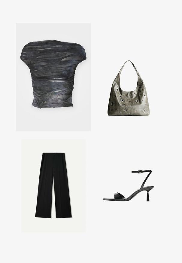 Črna, prosojna majica z teksturiranim, večplastnim dizajnom, ki vključuje horizontalne reze. Material je videti lahek z subtilnimi barvnimi odstopanji.; Bershka WIDE - Hlače - black; Bershka Sandali z visoko peto - black; Olivnozeleni usnjeni ročni torbici z ohlapno obliko, ki ima različne velikosti okroglih izrezov in poudarke v temnejših in svetlejših odtenkih.