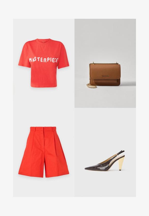 MAX&Co. BOXYCLAIM - Trükipildiga T-särk - red; Punased puuvillased lühikesed püksid, kõrge vöökohaga, millel on voldid ja lai lõige. Sile tekstuur ja puhtad jooned. Taskuteta ega kaunistusteta.; Kitsas varbaga slingback konts tumepruunis läikivas kunstkrokodillinahast. Omab kuldse tooni geomeetrilist kontsa ja reguleeritavat pahkluu rihma.; Pruun tekstureeritud nahk ristkeha kott kuldse ahelaga rihmaga ja klapiga sulgemine. Esiküljel on logo detail ja tasku klapi all.