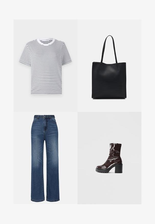 Balta marškinėliai su juodomis horizontaliomis juostelėmis, apvaliu iškirpimu, trumpomis rankovėmis ir laisvu siluetu. Pagaminta iš medvilnės, paprastas dizainas.; Plati kojos mėlynos džinsinės kelnės su aukštu liemeniu, su dviem metaliniais sagtelėmis, švelniu blukimu ir standartiniu penkių kišenių dizainu.; Blizgus burgundių spalvos kulknapis su tankiu juodu kulnu, pasižymintis lygiu paviršiumi ir paprastu dizainu. Nėra matomų užsegimų ar raštų.; Juodas odinis tote krepšys su lygia tekstūra, stačiakampio formos ir dviem ilgais rankenomis. Matomų metalinių detalių ar puošybos nėra.