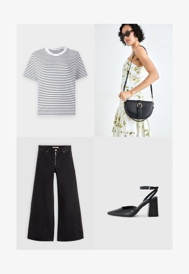 Camiseta branca com riscas horizontais pretas, gola redonda, mangas curtas e um corte relaxado. Material de algodão, design simples.; Calças de ganga de perna larga em denim preto com fecho éclair à frente, design de cinco bolsos e detalhes de costura subtil. Textura suave e estilo casual.; Sandal com biqueira afilada em couro preto, com cinta no tornozelo e salto grosso. Textura lisa, design elegante e estética minimalista.; Bolsa de couro preta com forma curva, alça destacável e detalhes em dourado. A bolsa possui uma aba com detalhe de fivela.