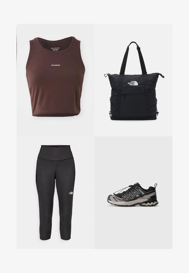 Brun, ærmeløs tanktop laget av glatt stoff, med rund hals og sømdetaljer. "SALOMON" logo i hvitt på forsiden.; Sorte capri leggings laget av elastisk stoff, med høy midje og en liten hvit logo på venstre side. Glatt tekstur.; Svart og grå atletisk sko med mesh-overdel, gummisåle og elastisk snøresystem. Har forsterket tå og teksturerte detaljer.; Svart totebag med polstret design, toppglidelås, to korte stropper og logo foran; har sidelommer og justerbare stropper.