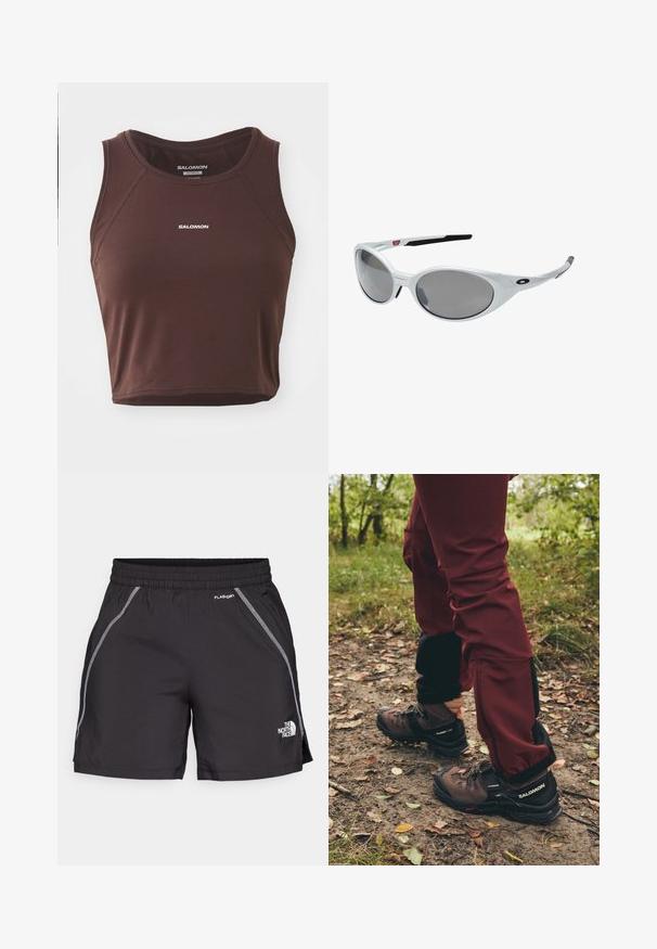 Hnědý bezrukávový top vyrobený z hladké tkaniny, s kulatým výstřihem a šitými detaily. Logo "SALOMON" v bílé barvě na přední straně.; Černé sportovní šortky vyrobené z lehkého materiálu mají elastický pas, reflexní detaily a logo "The North Face" na levé straně.; Hnědé turistické boty s černými akcenty a robustními podrážkami, v kombinaci s vínovými nepromokavými kalhotami se černými bočními panely a zipy.; Bílé plastové sluneční brýle s velkými oválnými skly, šedě tónovanými. Mají černé držáky na uši a malé logo na rámu. Hladký povrch.; Salomon ACTIVE SKIN 12 SET UNISEX - Turistický ruksak s hydrovakem - black; Černé rukavice vyrobené z texturované tkaniny, s oddělenými prsty a dotykovým senzorem na konečku prstu. Logo "SALOMON" v bílé barvě na boku.