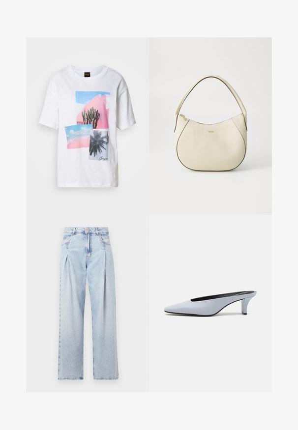 Balta trumpa rankovėmis marškinėliai su koliažo spauda, kurioje pavaizduoti kaktusai ir palmės, rožinių ir žydrų atspalvių, pagaminti iš tekstūruotos medžiagos.; Šviesiai mėlyni džinsai su aukštu liemeniu, plačiomis kojomis, dviem šoninėmis kišenėmis ir raukinių dizainu. Minkšta tekstūra su nudilusia apdaila.; Šviesiai mėlynos patentinės odos mules su smailiu priekiu, žemu permatomu kulnu ir stilingu dizainu, turinčiu išpjovą priekyje.; Grietos spalvos rankinė su tekstūruotu paviršiumi, kreivos formos, trumpa rankena ir auksinės spalvos logotipo detalė. Užtrauktuko uždarymas viršuje.