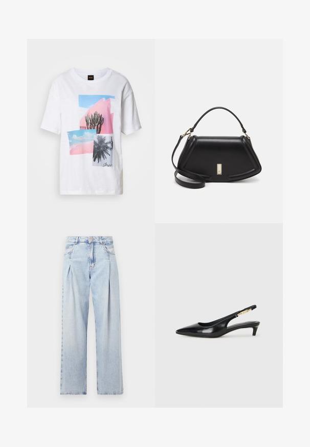 Camiseta blanca de manga corta con un estampado de collage de cactus y palmeras, en tonos de rosa y azul, con una tela texturizada.; Jeans de mezclilla azul claros con cintura alta, corte de pierna ancha, dos bolsillos laterales y un diseño plisado. Textura suave con un acabado deslavado.; Tacones negros de piel sintética tipo slingback con punta afilada, que cuentan con un tacón delgado y un detalle en tono dorado en la correa ajustable. Textura suave.; Bolso de mano de cuero negro con un diseño estructurado, que presenta una forma recortada, asa superior y acentos en dorado. Correa de hombro ajustable incluida.
