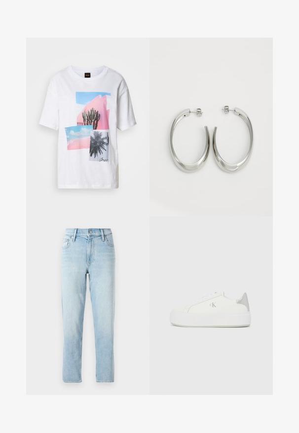 Hvit kortermet t-skjorte med et collageprint av kaktuser og palmer i nyanser av rosa og blått, laget av et strukturert stoff.; Lyseblå denimjeans, rett ben-design, midjehøyde, med fem lommer og en knappelukking foran.; Hvite kanvas sneakers med en tykk hvit såle, med en metallisk sølvfarge aksent på hælen og subtile logo detaljer på siden.; Sølvøreringer med en jevn, buet design. Har en blank metallisk finish og en studlås. Ingen synlige mønstre eller aksenter.