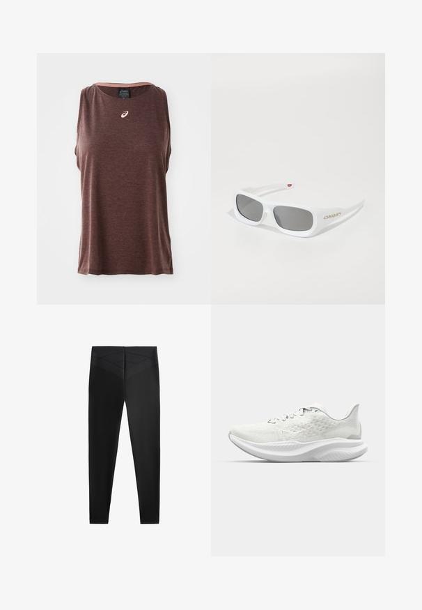 Hnedý bezrukávový športový tank top s okrúhlym výstrihom, na hrudi s malým bielym logom a textúrovanou, jemnou tkaninou.; Čierne atletické legíny s hladkou textúrou, s širokým pásom a diagonálnym textúrovým vzorom v oblasti pásu pre zvýraznenie dizajnu.; Biele športové topánky s textúrovaným zvrškom, šnurovací dizajn a polstrovaná podrážka s vlnovým profilom. Na boku jemné označenie značky.; Biele obdĺžnikové slnečné okuliare Oakley s tmavými sklami odpočívajúce na bielej ploche, logo viditeľné na strane.