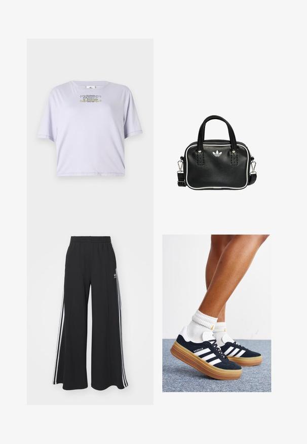 Lila kortärmad t-shirt i mjuk bomull, med rund halsringning och korta ärmar. Centrerad tryck med text och grafiska detaljer.; Svarta vida sweatpants med elastisk midje, med vita sidosträck och en broderad logotyp på vänster lår.; Svarta sneakers i mocka med vita ränder och detaljer, rundad tå, yttersula i gummiblandning, kombinerade med vita ribbade crew-strumpor.; Svart läderhandväska med två korta handtag, silverfärgade detaljer, vita accenter och en vit logotyp. Har en texturerad yta och en kompakt design.