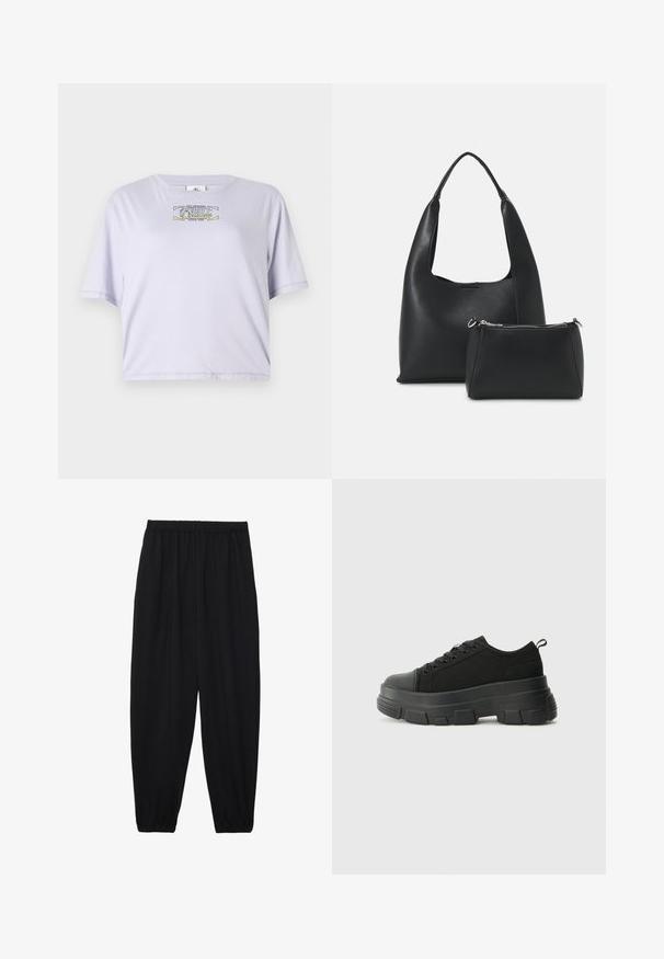 Lilla cropped t-shirt lavet af blød bomuld, med rund halsudskæring og korte ærmer. Centreret print inkluderer tekst og grafiske detaljer.; Sort, lette bukser med elastisk talje og sammenfoldede ankler. Stoffet er glat og har et afslappet, indsnævret design.; Sorte sneakers med en kraftig gummisål, tekstureret stofoverdel, rund tå og snørredesign. Har forstærkede snørrehuller og en trækkrog bagpå.; Even&Odd Håndtasker - black