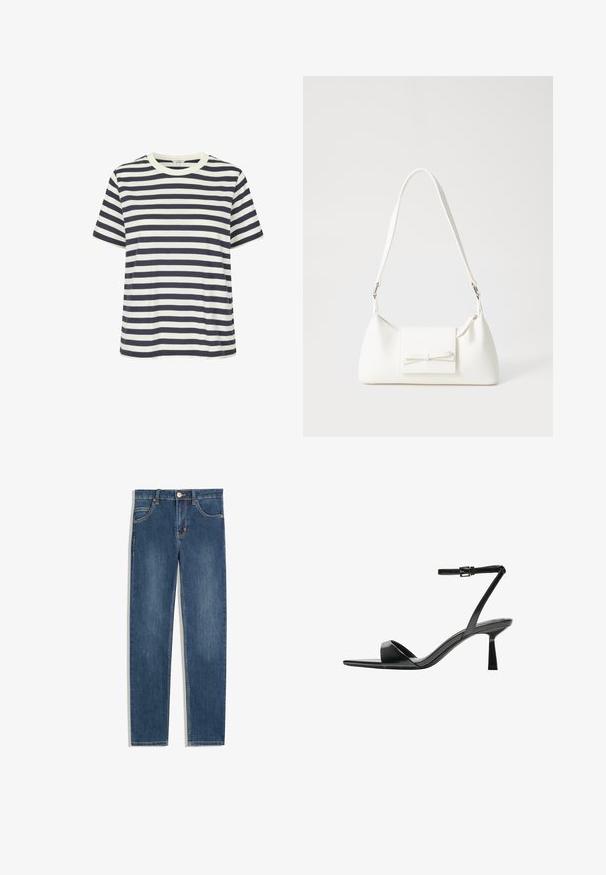 Stribet t-shirt med marineblå og hvide vandrette striber, korte ærmer og rund halsudskæring. Fremstillet af blødt bomuldsstof.; Mørkeblå denim jeans med lige pasform, fem lommer, diskrete syninger og en metalknap ved taljen.; Bershka Højhælede sandaletter / Højhælede sandaler - black; Hvid syntetisk håndtaske med en trekantet form, flad forsideklap og sløjfedetalje, justerbar strop, glat tekstur og minimalistisk design.