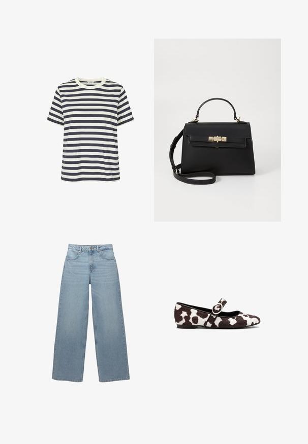 Kék és fehér vízszintes csíkos póló, rövid ujjakkal és kerek nyakkivágással. Puha pamutból készült.; Világoskék, trapézszárú farmernadrág, amely pamut denimből készült, öt zsebbel, elöl gombos záródással és minimális szálkásodással az alján.; Fehér és barna tehenyomású szőr balletcipő, kerek orral és kör alakú csat részlettel ellátott pánttal. Lapos talp.; Fekete bőr kézitáska jól meghatározott formával, felső fogantyúval, levehető vállpánttal és aranyszínű szerelvényekkel. Elülső zárral rendelkezik.