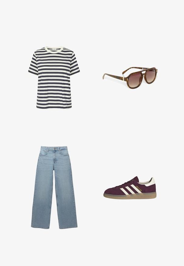 Kék és fehér vízszintes csíkos póló, rövid ujjakkal és kerek nyakkivágással. Puha pamutból készült.; Világoskék, trapézszárú farmernadrág, amely pamut denimből készült, öt zsebbel, elöl gombos záródással és minimális szálkásodással az alján.; Burgundi velúr sportcipő fehér három csíkkal és bézs díszítéssel. Jellemzője a texturált gumitalp és az arany logó az oldalon.; Tortoiseshell napszemüveg, átmenetes lencsékkel, szögletes formával és arany díszítéssel a szárakon, sima, fényes felülettel.; Barna szőtt bőr kézitáska, amely laza, háromszög alakú. Fonott füllel és felső cipzárral rendelkezik.