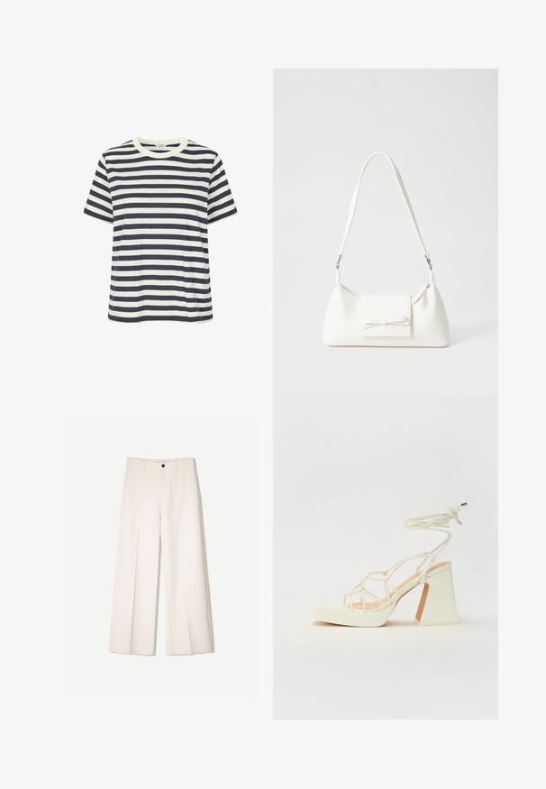 Striped t-shirt featuring navy and white horizontal stripes, short sleeves, and a round neckline. Made from soft cotton fabric.; Cream wide-leg trousers with a tailored design, featuring two front pockets and a single front button closure, made from smooth fabric.; White high-heeled sandal with a chunky heel, featuring a strappy design and ankle tie. Smooth texture with a platform front for added height.; White synthetic handbag with a triangular shape, flat front flap and bow detail, adjustable strap, smooth texture, and minimalistic design.