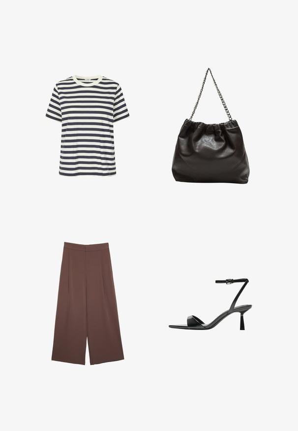 Gestreiftes T-Shirt mit navyblauen und weißen horizontalen Streifen, kurzen Ärmeln und rundem Ausschnitt. Hergestellt aus weicher Baumwollqualität.; Braune Weite-Leg-Hosen mit einer glatten Textur, hoher Taille und Vorderfalten. Der Stoff ist leicht und fällt locker.; Bershka High Heel Sandalette - black; Braune Lederhandtasche mit gerafftem Oberteil und Kettenriemen. Glatte Textur mit glänzendem Finish und subtilen Nahtdetails an den Seiten.