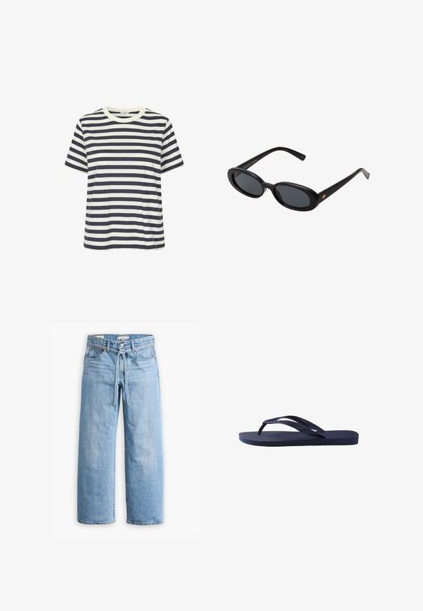 Stribet t-shirt med marineblå og hvide vandrette striber, korte ærmer og rund halsudskæring. Fremstillet af blødt bomuldsstof.; Lysblå denim bukser med vid ben, høj talje, knap- og lynlåslukning samt snoretræk i taljen. Raflet kant.; Mørkeblå flip-flop med teksturerede gummistropper og sål, med et bølget mønster på stropperne og en flad, rillede fodseng.; Store store