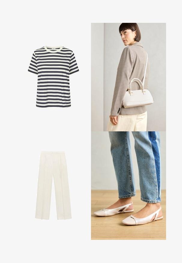 Striped t-shirt featuring navy and white horizontal stripes, short sleeves, and a round neckline. Made from soft cotton fabric.; Wide-legged trousers in a light cream color. Made from a smooth fabric with pleats at the front and side pockets.; Pale pink slingback flats with a pointed toe, made from a smooth leather-like material. Features cut-out details at the sides and a flat heel.; White structured handbag with short handles and a shoulder strap, featuring gold hardware accents and textured material, displayed against a grey background.