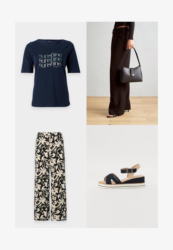 Tmavě modré tričko s krátkým rukávem vyrobené z bavlny, s kulatým výstřihem a potiskem grafiky "sluneční svit" v různých písmenech.; Černé kalhoty s širokými nohavicemi a krémovým květinovým vzorem. Vyrobené z lehké tkaniny, s hladkým povrchem a vysokým pasem.; Námořnické modré sandály s dvěma textilními pásky, nastavitelným páskem kolem kotníku a texturovaným béžovým zadním dílem. Tlustá bílá podrážka se zvlněným okrajem. Značka vytištěná na pásku.; Černá kabelka se strukturovaným tvarem, hladkým povrchem a kovovým uzávěrem. Kombinována s širokými černými kalhotami a sandály s otevřenou špičkou na dřevěné podlaze.