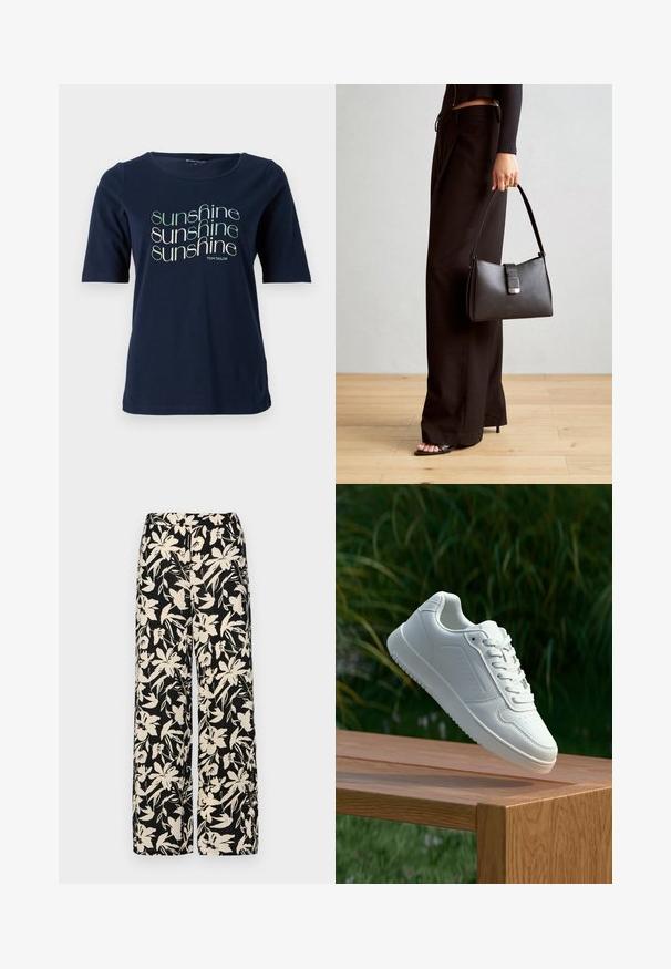 Tmavě modré tričko s krátkým rukávem vyrobené z bavlny, s kulatým výstřihem a potiskem grafiky "sluneční svit" v různých písmenech.; Černé kalhoty s širokými nohavicemi a krémovým květinovým vzorem. Vyrobené z lehké tkaniny, s hladkým povrchem a vysokým pasem.; Bílé tenisky s hladkým syntetickým svrškem, perforovanou špičkou, plochými tkaničkami a texturovanou podrážkou, vystavené na dřevěném povrchu.; Černá kabelka se strukturovaným tvarem, hladkým povrchem a kovovým uzávěrem. Kombinována s širokými černými kalhotami a sandály s otevřenou špičkou na dřevěné podlaze.