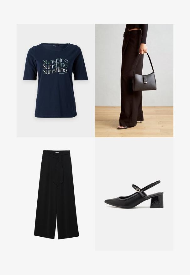 Marineblauwe T-shirt met korte mouwen, gemaakt van katoen, met een ronde halslijn en een geprinte "zonnig" grafiek in verschillende lettertypen.; Zwarte wijde broek van textuurstof, met een elastische tailleband en een afneembare sjaalstrik in de taille voor een verstelbare pasvorm.; Zwarte gepolijste leren slingback hakken met een spitse neus, een ronde uitsnede en een blokhak. Voorzien van een gouden gespaccent.; Zwarte handtas met gestructureerde vorm, gladde textuur en een metalen sluiting. Gecombineerd met brede zwarte broeken en sandalen met open teen op een houten vloer.