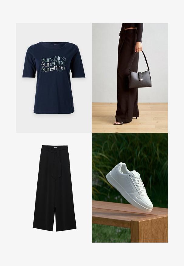 Tmavě modré tričko s krátkým rukávem vyrobené z bavlny, s kulatým výstřihem a potiskem grafiky "sluneční svit" v různých písmenech.; Černé kalhoty s širokými nohavicemi, vyrobené z texturované tkaniny, s elastickým pasem a odnímatelným páskem na úpravu velikosti.; Bílé tenisky s hladkým syntetickým svrškem, perforovanou špičkou, plochými tkaničkami a texturovanou podrážkou, vystavené na dřevěném povrchu.; Černá kabelka se strukturovaným tvarem, hladkým povrchem a kovovým uzávěrem. Kombinována s širokými černými kalhotami a sandály s otevřenou špičkou na dřevěné podlaze.