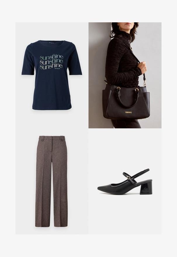 T-shirt blu navy a maniche corte in cotone, con scollatura rotonda e grafica stampata con la scritta "sunshine" in vari caratteri.; Pantaloni marroni a gamba larga realizzati in tessuto testurizzato. Presentano due tasche anteriori e una vestibilità sartoriale con due bottoni in vita.; Décolleté in vernice nera con cinturino dietro, punta affusolata, design con ritagli arrotondati e tacco a blocco. Presenta un accento di fibbia tono oro.; Borsa nera con superficie texturizzata, manici superiori doppi e tracolla regolabile. Dotata di hardware color oro e tasche laterali.