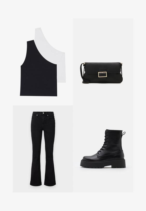 Canottiere a righe in bianco e nero con scollo asimmetrico; morbido tessuto misto cotone; design aderente; senza hardware o modelli visibili.; Jeans neri a gamba svasata in denim, con vita media, tasche frontali e chiusura a bottone. Texture liscia con dettagli di cucitura minimi.; Stivaletti in pelle nera alla caviglia con punta rotonda, lace-up frontale e suola in gomma spessa con battistrada textured. Tassello sul retro.; Borsa a mano in pelle nera con patta e dettaglio in metallo dorato. Include una tracolla nera e un design elegante e minimalista.; Orecchini a cerchio in argento con un design torciglionato, caratterizzati da una finitura lucida e chiusura a perno. Misurano circa 3 cm di diametro.