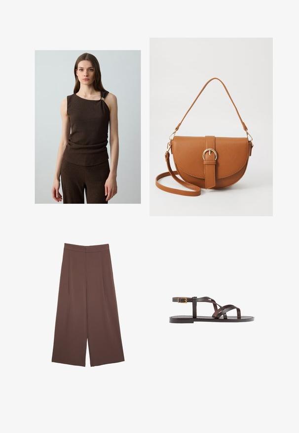 Braunes ärmelloses Top aus strukturiertem Stoff, mit einem gerafften Detail an der Taille und einem goldenen Akzent an der Schulter.; Braune Weite-Leg-Hosen mit einer glatten Textur, hoher Taille und Vorderfalten. Der Stoff ist leicht und fällt locker.; Braune Leder-Sandale mit überkreuzten Riemen, einem Knöchelriemen mit Schnalle und einer flachen Sohle mit minimalen Nähdetails.; Braune Leder-Crossbody-Tasche mit geschwungener Form, goldfarbenen Beschlägen und einer Schnallenakzentuierung. Verfügt über einen abnehmbaren Schultergurt.