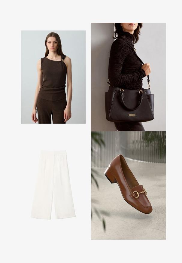 Brązowy bezrękawnik z fakturowanej tkaniny, z marszczeniem w talii i złotym akcentem na ramieniu.; Białe spodnie o szerokich nogawkach, wykonane z gładkiego materiału. Posiadają płaski pas i pionowe zaszewki dla dodatkowego szczegółu.; Brązowe lakierowane mokasyny z kwadratowym noskiem, metalowym łańcuszkiem i niskim blokowym obcasem; gładka faktura, minimalistyczny design.; Czarna torebka z teksturowanej powierzchni, podwójnymi uchwytami na górze i regulowanym paskiem na ramię. Posiada złote okucia i boczne kieszenie.