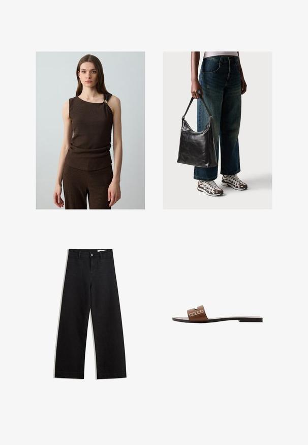 Brown sleeveless top with a textured fabric, featuring a gathered detailing at the waist and a gold accent on the shoulder.; Black wide-leg denim pants with a high waist, featuring front and back pockets, stitched seams, and a button closure. Smooth texture.; Brown leather slide sandal with a flat sole, featuring a wide strap and white geometric accents for minimalistic design.; Black leather shoulder bag with a smooth texture and adjustable strap, paired with faded wide-leg jeans and athletic sneakers.