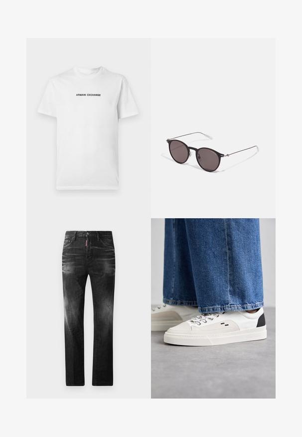 White cotton t-shirt featuring short sleeves and a crew neck. Displays "ARMANI EXCHANGE" in bold black text across the chest.; Black denim jeans with a straight fit. Features faded areas, minor distressing, classic five-pocket design, and a button closure.; White and black sneakers with a smooth leather upper, textured accents, and a chunky white sole. Features a classic lace-up design.; Black round sunglasses with dark lenses and slim metal arms. Includes clear temple tips and silver accents at the hinge. Minimalist design.