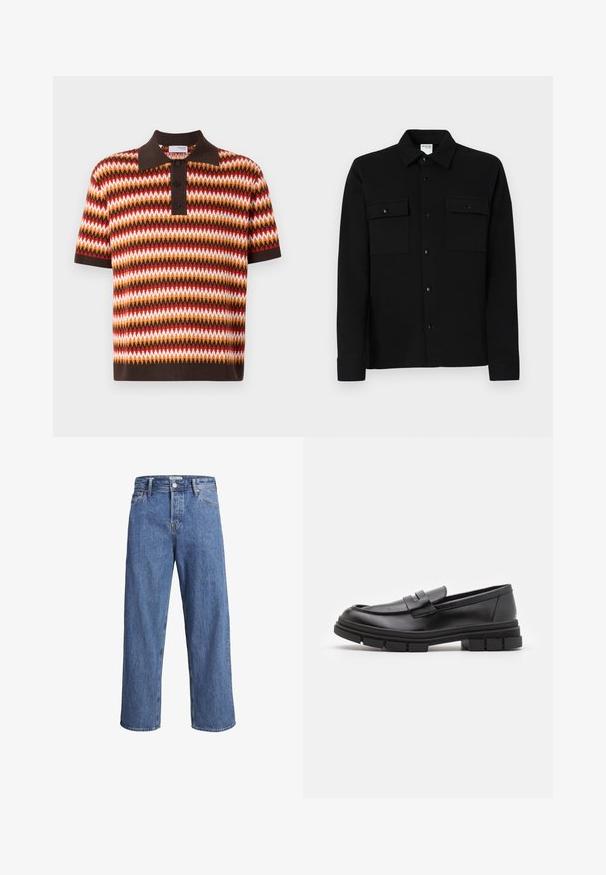 Polo majica s kratkimi rokavi in ovratnikom v cik-cak vzorcu z rdečo, oranžno, rjavo in belo barvo; vsebuje tri gumbe in kontrastni ovratnik.; Črna srajca s poletnim zapenjanjem iz gladkega materiala, ki ima dve žepu na prsih, ovratnik s točko in zapenjanje na manšetah. Enostaven dizajn z minimalnimi detajli.; Svijetloplave traperice s ravnim nogavicama, visokim strukom i minimalnim detaljima šivanja. Tkanina ima mekan, blago izblijedjeli izgled.; Črne usnjene loafersice z gladkim zaključkom, ki imajo sprednji trak in debel gumijast podplat z utori.