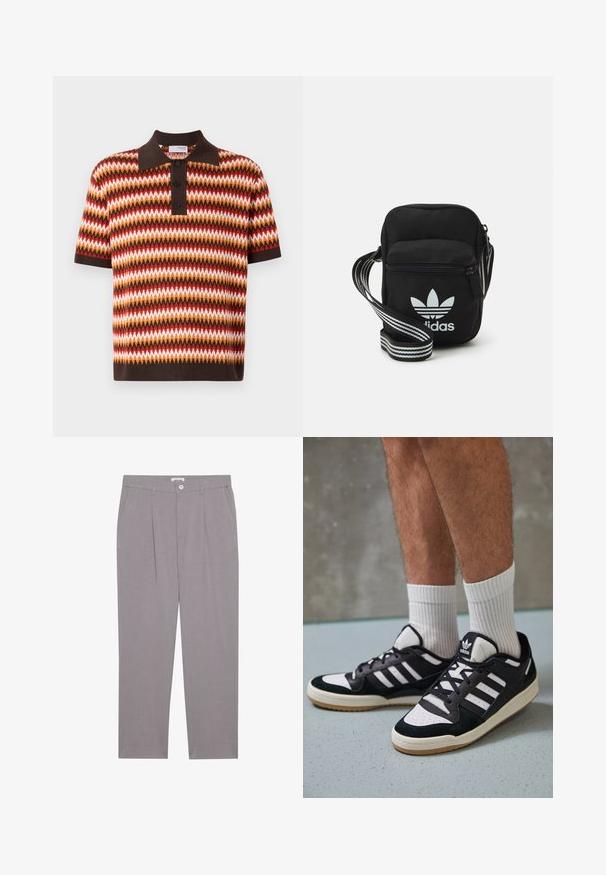 Trumpas rankovėmis, su apykakle polo marškiniai su zigzago raštu raudonos, oranžinės, rudos ir baltos spalvų; turi tris mygtukus ir kontrastingą apykaklę.; Pilki pritaikyti kelnių su tiesiu kirpimu, su dviem priekinių kišenėlių, klostėmis ir mygtukų uždarymu. Pagamintos iš lengvos medžiagos.; Juodos ir baltos sportinės bateliai su zomšiniu ir odiniu viršumi, su trimis baltomis juostelėmis, perforuota koja ir guminėmis padais.; Juodas audinio per petį nešiojamas krepšys su užtrauktuku, turintis baltą Adidas logotipą ir dryžuotą reguliuojamą diržą patogiam nešiojimui.