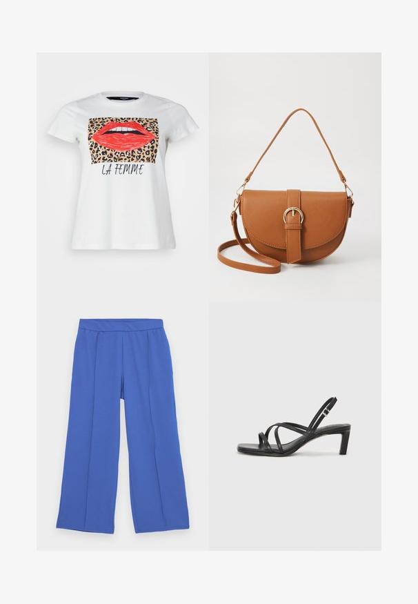 Weißes Baumwoll-T-Shirt mit einem Grafikdesign von roten Lippen und einem Leopardenmuster-Hintergrund, darunter der Text "LA FEMME" in Schwarz. Kurze Ärmel.; Hosen mit weitem Bein aus weichem, dehnbarem Stoff in kräftigem Blau. Mit flachem Bund und zwei vorderen Falten für zusätzlichen Designakzent.; Schwarze Sandale mit Riemchen, quadratischer Zehenform und niedrigem Blockabsatz. Verfügt über mehrere dünne Riemen und einen verstellbaren Knöchelriemen. Hergestellt aus glattem Leder.; Braune Leder-Crossbody-Tasche mit geschwungener Form, goldfarbenen Beschlägen und einer Schnallenakzentuierung. Verfügt über einen abnehmbaren Schultergurt.; Silberner Doppelring mit einer glatten, polierten Oberfläche. Verfügt über ein fließendes, kurviges Design mit überlappenden Abschnitten für einen modernen Look.